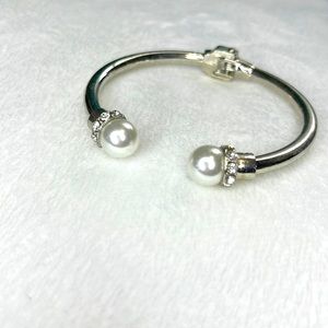 Silver, pearl, diamond cuff bracelet